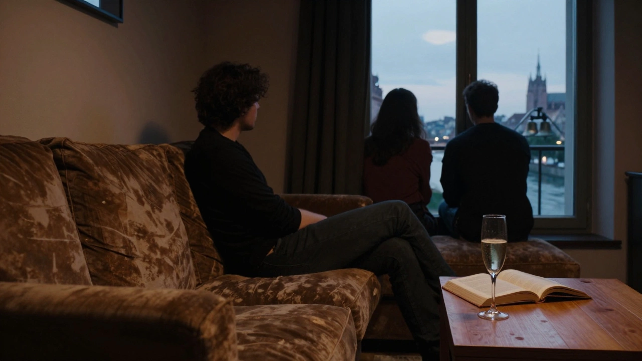 Two figures sit in silent companionship in a warmly lit apartment, overlooking a winter river at dusk.